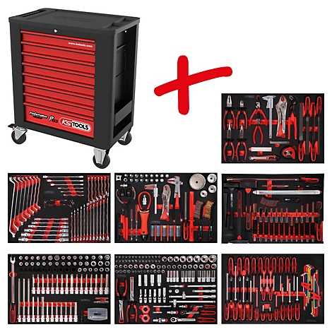Schwarzer Werkzeugwagen mit roter Schubladenfront. Werkzeuge in roten und schwarzen Einsätzen. Rotes Kreuz als Indikator.
